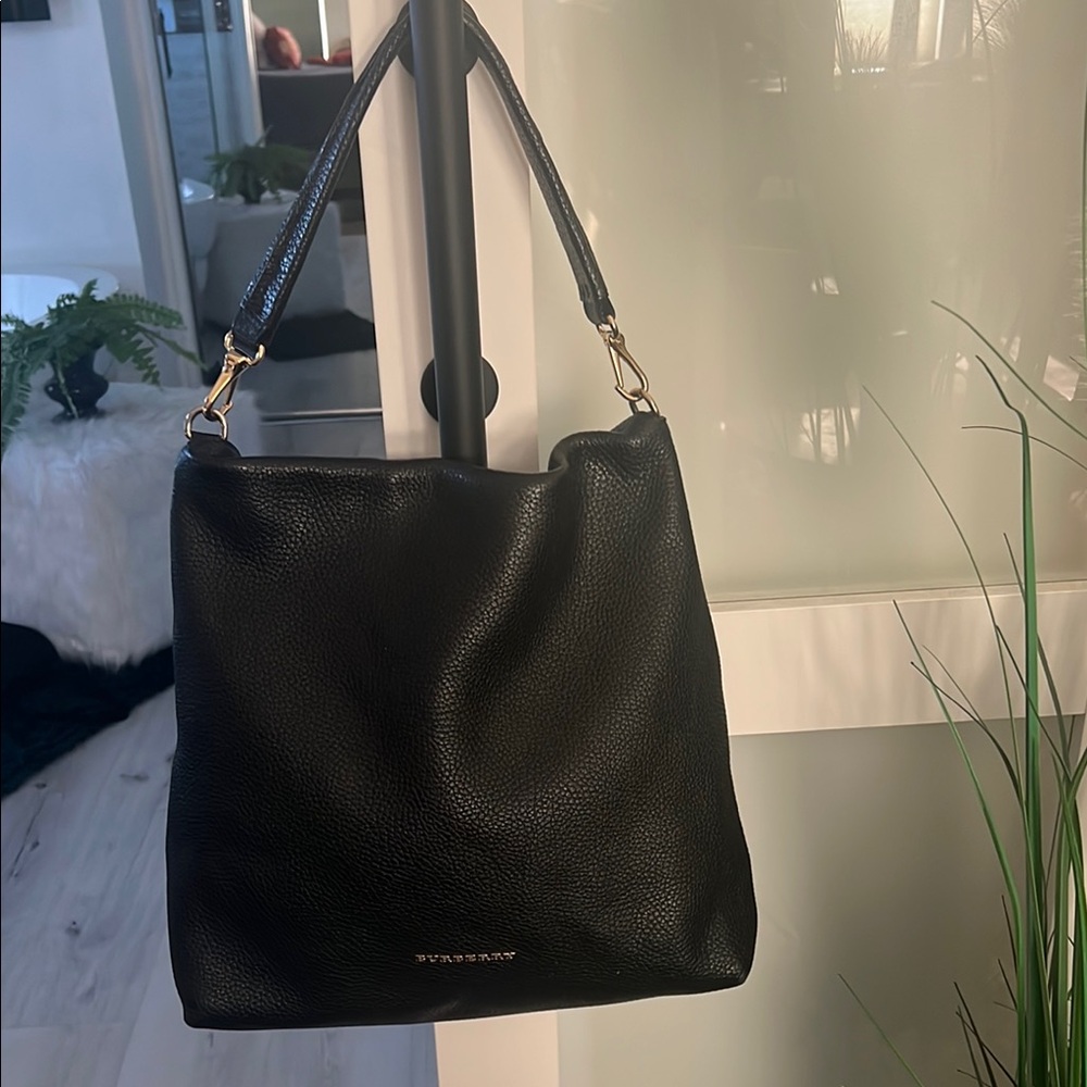 Burberry Black Pebbled Leather Hobo Shoulder Bag with Gold Hardware
